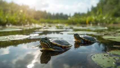 Charming small water turtles, showcasing aquatic life, World Turtle Day