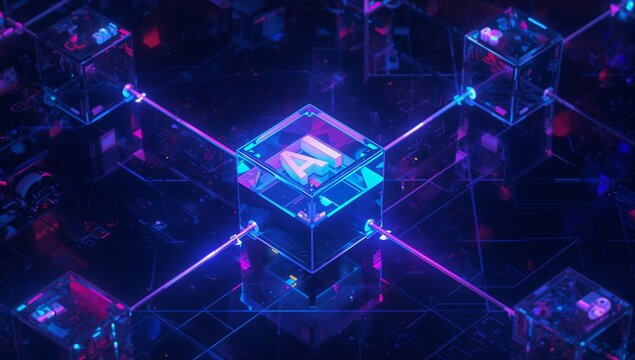 Abstract digital art representing artificial intelligence with glowing cubes and neon lines connecting them in a dark futuristic environment