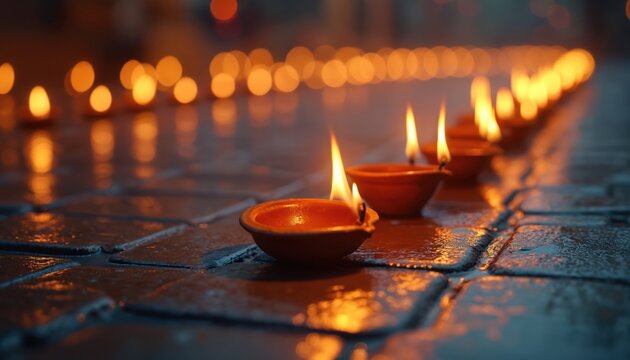 Row of diyas on wet tiles casting warm orange glow. Traditional Indian clay lamps lit for festival celebration. Diyas reflect on wet surface.