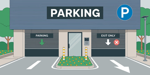 Parking lot entrance and exit with guidance signs illustration