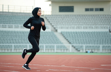 Obraz premium Young Muslim woman in black hijab runs on stadium track. Active female athlete trains in the morning. Modern woman practices running. Fitness training in sport wear