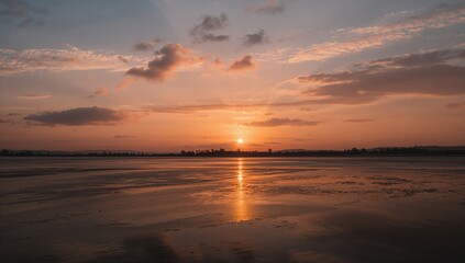 Naklejka premium Serene view of a sunrise over calm water, emphasizing tranquility and natural beauty