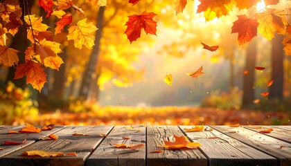 Autumnal scene with wooden table, falling colorful leaves, and blurry trees under a bright, sunny sky
