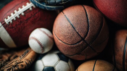 A collection of various sports equipment in a close-up still life composition
