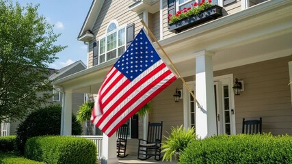 Vibrant american flag waving on porch of charming suburban home in summer breeze - Powered by Adobe
