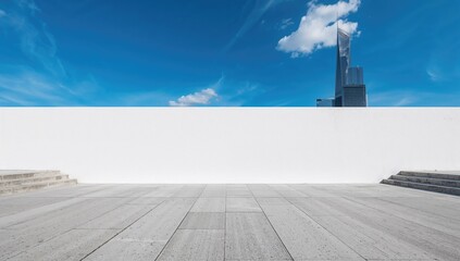 White cement wall and empty concrete floor in a park, urban density