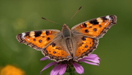 Obraz premium Close-up of a Painted Lady butterfly resting on a flower, showcasing its vibrant wings, summer beauty