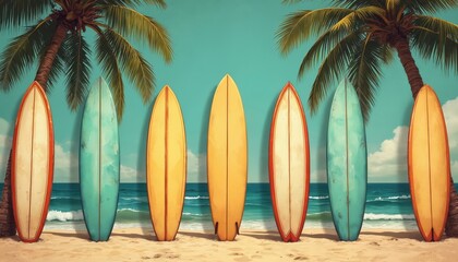Vintage surfboards stand on sand near ocean waves and palm trees. Retro beach scene with classic boards ready for surf adventure. Coastal vibe with bright colors and sunny day.