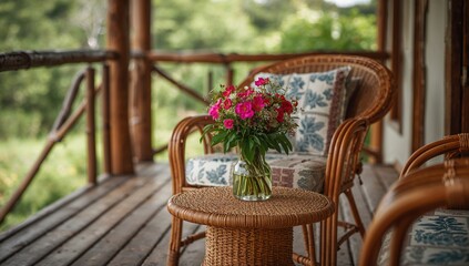 Obraz premium Rattan chair and table adorned with flowers on a wooden patio, highlighting outdoor relaxation