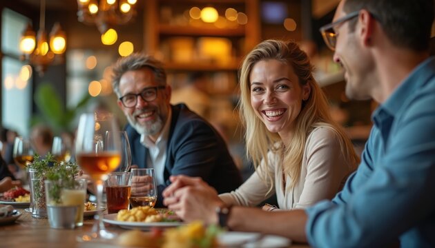 People dine and chat at a restaurant. Friends enjoy drinks and conversation during a meal. Colleagues discuss ideas in a modern eatery setting with warm lighting.