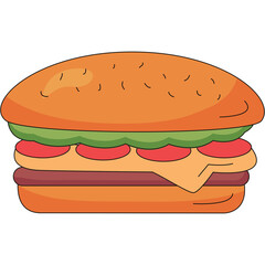 Simple Hamburger Illustration with Sesame Seed Bun Lettuce Tomato Cheese and Meat Patty Isolated on Transparent Background