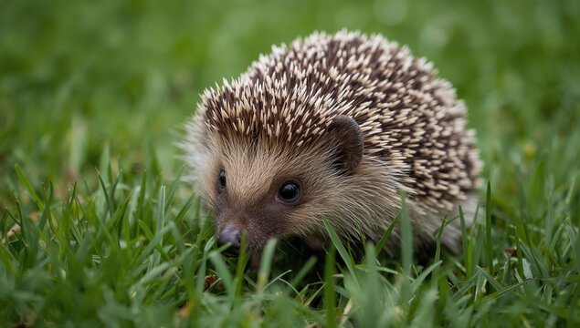 Close-up of a hedgehog in grass, exploring its environment, wildlife observation