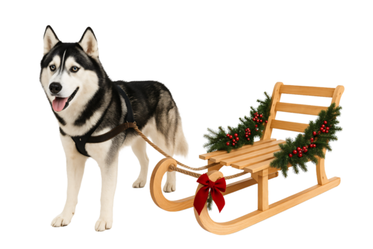 Husky dog pulling sled with wreath. Winter adventure concept.