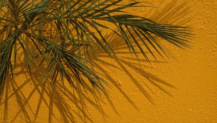 Obraz premium Palm leaves casting shadows on a yellow wall, adding a vibrant backdrop for design