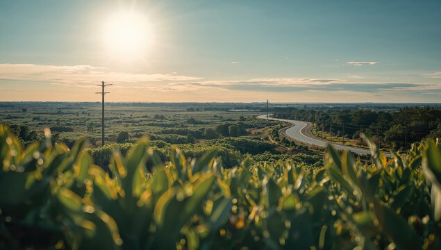 Sibir landscape with power lines and greenery, seasonal change