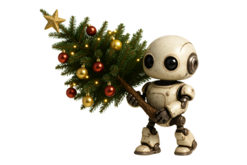 Cute robot carrying decorated Christmas tree. Futuristic holiday concept.