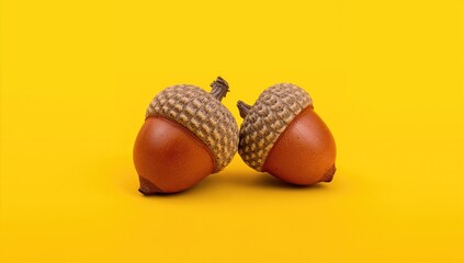 Two oak acorns set against a vibrant yellow backdrop, natural elements for design use