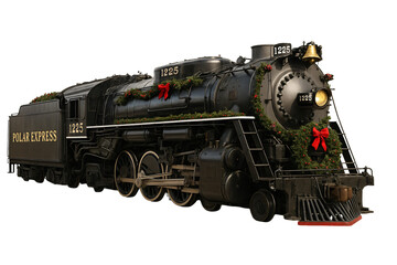 Fototapeta premium Steam locomotive decorated with Christmas garlands. Holiday express train.