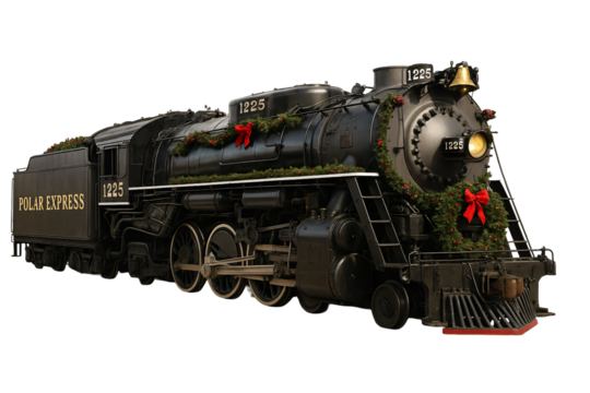 Steam locomotive decorated with Christmas garlands. Holiday express train.