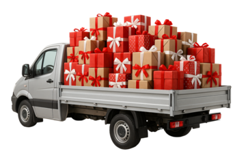 Gray truck full of wrapped gifts. New Year’s shipment.