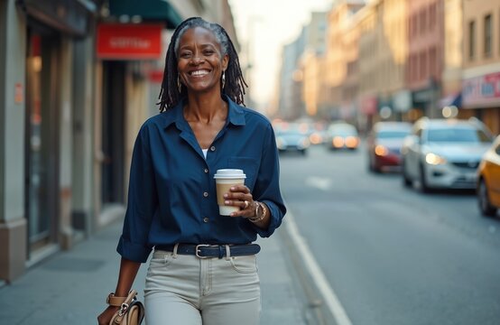 Smiling senior black woman walks on city street holding coffee cup. Wears modern casual clothes, jewelry, with blurred urban background, traffic. Active lifestyle evident. Exudes happiness,