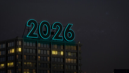Glowing 2026 Neon Sign Above City Skyline