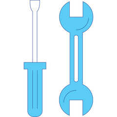 Simple Graphic Illustration of a Light Blue Screwdriver and a Light Blue Wrench With Blue Outline Against a Transparent Background For Tools And Repair Concept