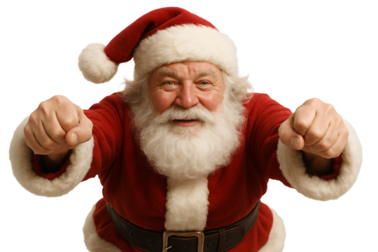 Santa portrait smiling and pointing. Christmas cheer.