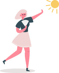 Woman shielding face from sun wearing skirt