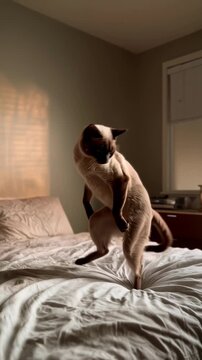 Surreal Cinematic Scene of a Cat Dancing Gracefully on a Bed in Golden Afternoon Light