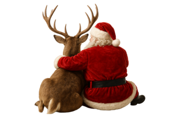 Santa hugging reindeer from behind. Christmas love and peace.