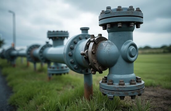Large industrial pipe section with valves and flanges sits outdoors in a grassy field under a cloudy sky. The steel pipeline is painted blue. This important infrastructure moves vital resources.