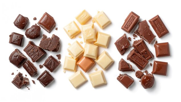 Assorted dark, white, and milk chocolate pieces on a white surface, indulgent treat, World Chocolate Day - Powered by Adobe