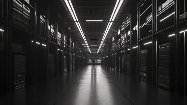 Dark data center server room corridor with glowing lights