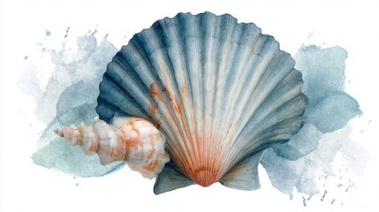 A beautifully illustrated watercolor of a scallop shell alongside a conch shell, set against a soft blue-green background.