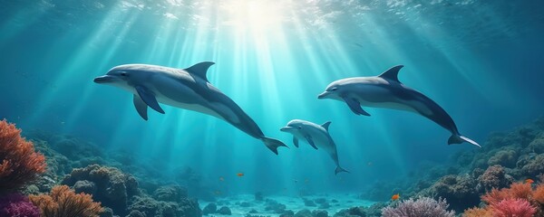 Naklejka premium Three dolphins swim in clear blue ocean water near colorful coral reefs. Sun rays pierce the water illuminating marine life and sandy seabed. Pod of marine mammals explore underwater habitat.