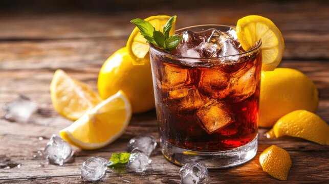 Cuba libre cocktail with rum, cola and ice on wooden table