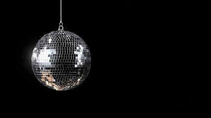 A shining disco ball hangs against a dark background, reflecting light and creating a vibrant, festive atmosphere, perfect for parties and celebrations.