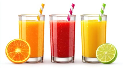 Three colorful fruit juices in glasses, accompanied by fresh oranges and limes, showcasing vibrant colors and refreshing appeal.