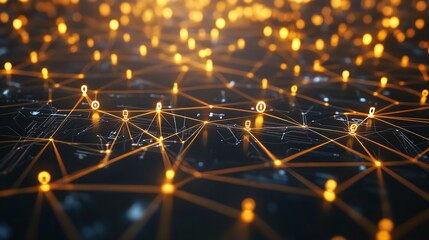 Abstract digital network with golden light points and connections in depth