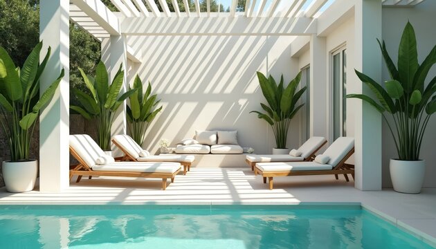 Cozy lounge zone near pool. Sunbeds and sofa with pillows, green plants around. Tropical vacation design. Modern luxurious pool area with lounge chairs for relaxing at resort.