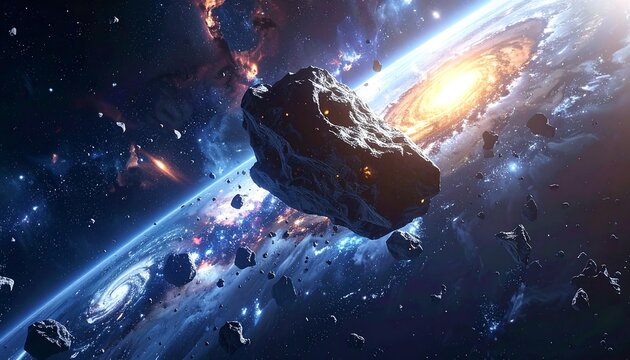 Asteroid field with glowing fragments in outer space, celestial bodies, and a vibrant galaxy backdrop
