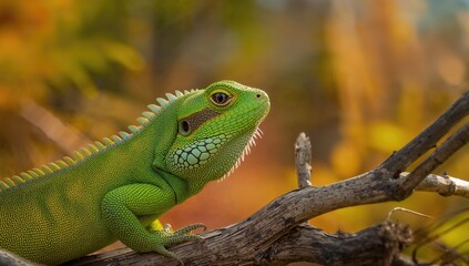 Fototapeta premium The European Agama lizard in a sunlit natural setting, showcasing its vibrant skin and detailed eye, highlighting seasonal change