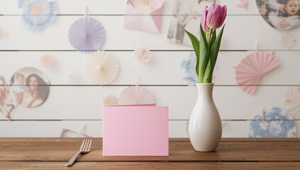 Pretty Pink Card with Purple Tulip Flower in Modern Vase, decorative element for table settings