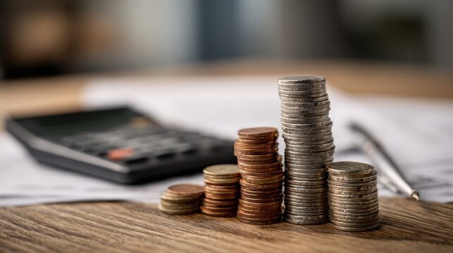 A close-up view of stacked coins next to a calculator and papers, symbolizing finance, budgeting, and monetary growth.