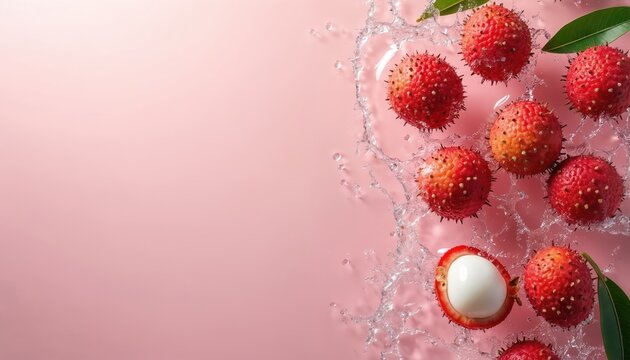 Fresh red lychee fruits splash in clear water against vibrant pink background. One fruit peeled showing white translucent flesh. Green leaves add natural touch to sweet juicy exotic fruit. Healthy