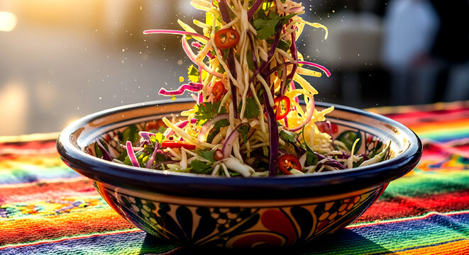 Vibrant and colorful street food style. Mexican ensalada de repollo with lime juice and chili, being tossed in a colorful ceramic bowl