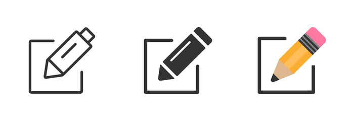 Edit icon set. Pencil icon, sign up icon. Business concept note edit pictogram. Line, glyph and flat style. Notepad edit document with pencil icon. Vector illustration