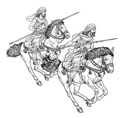 Gaetuli riders in attack. Ancient cavalry. Historical drawing.