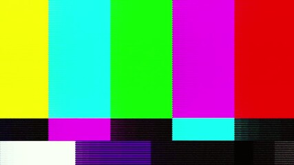 VHS color bars error screen glitch with CRT distortion and RGB noise texture for cinematic video overlay - Powered by Adobe